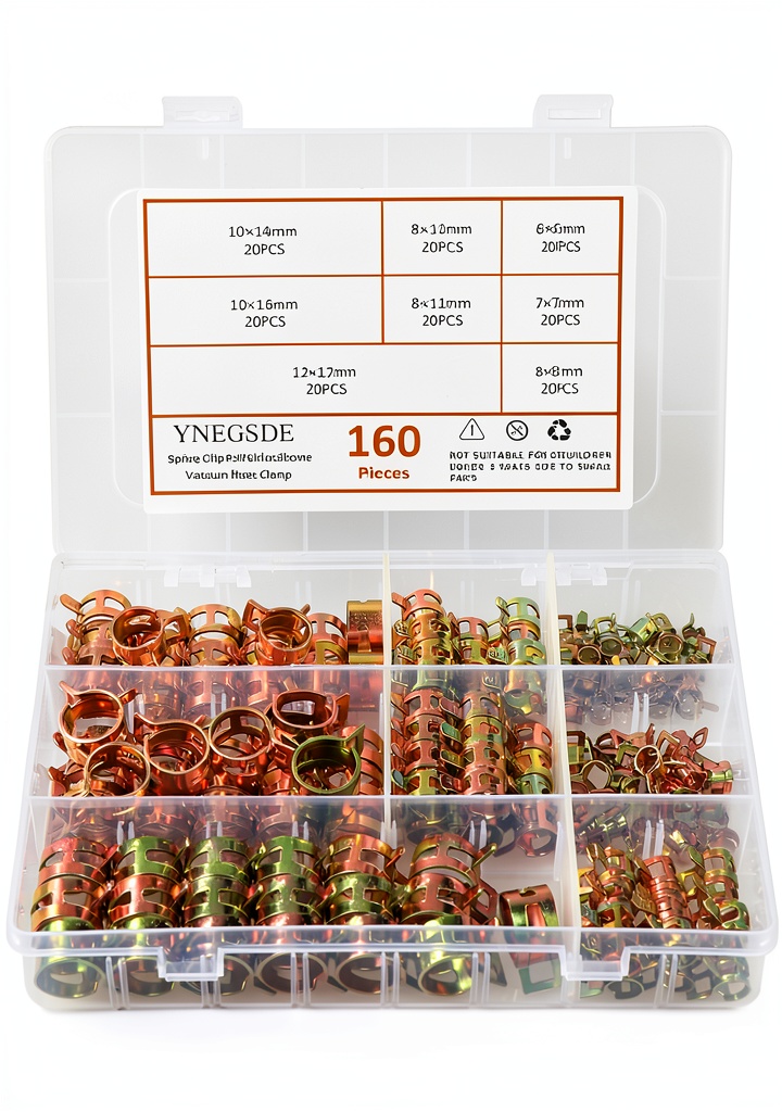 YNEGSDE spring hose clamps in yellow, displayed in a storage case with various sizes visible