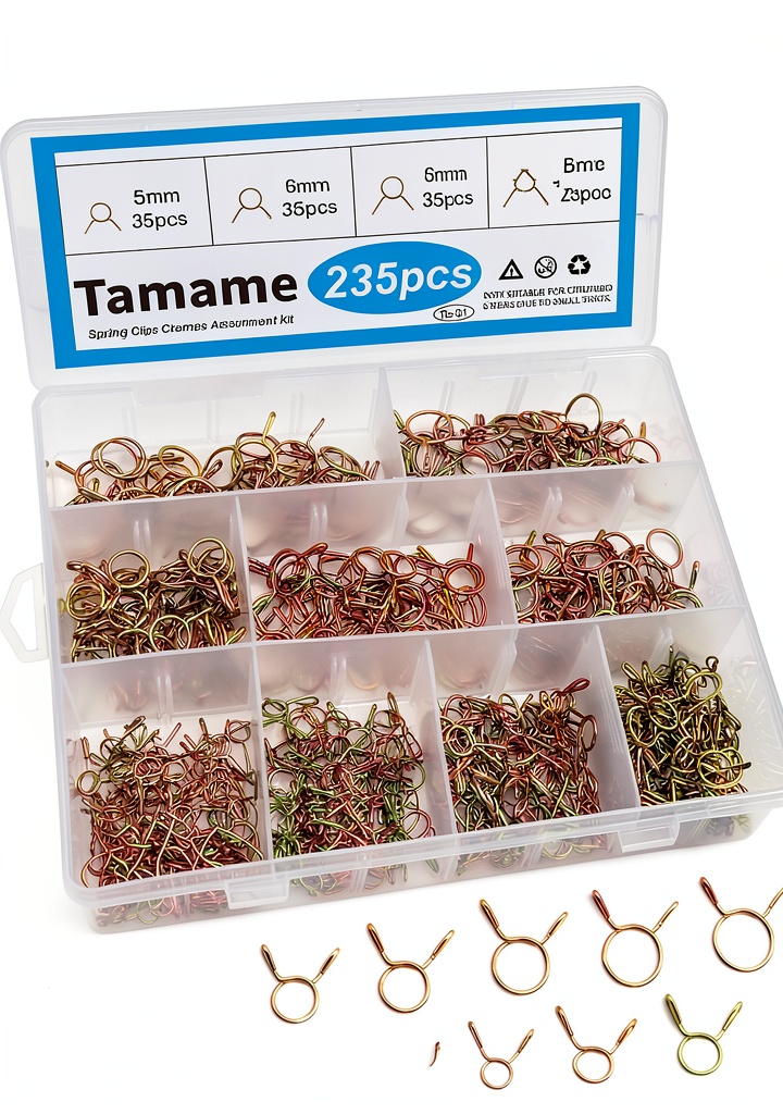 Tamame spring hose clamps in various sizes on a workbench