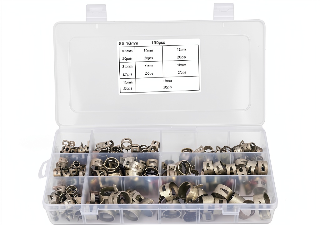 Installing Kuuleyn 304 Stainless Steel Spring Hose Clamps 160-Piece Set on a wooden desk
