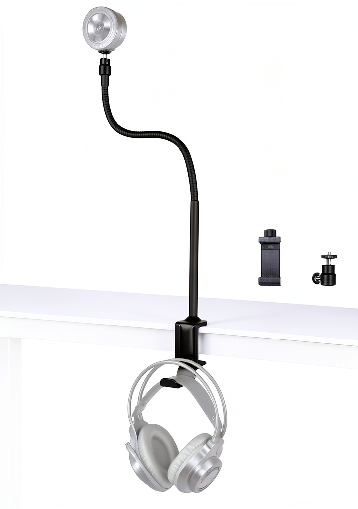 Acetaken webcam mount clamped to a wooden desk in a home office