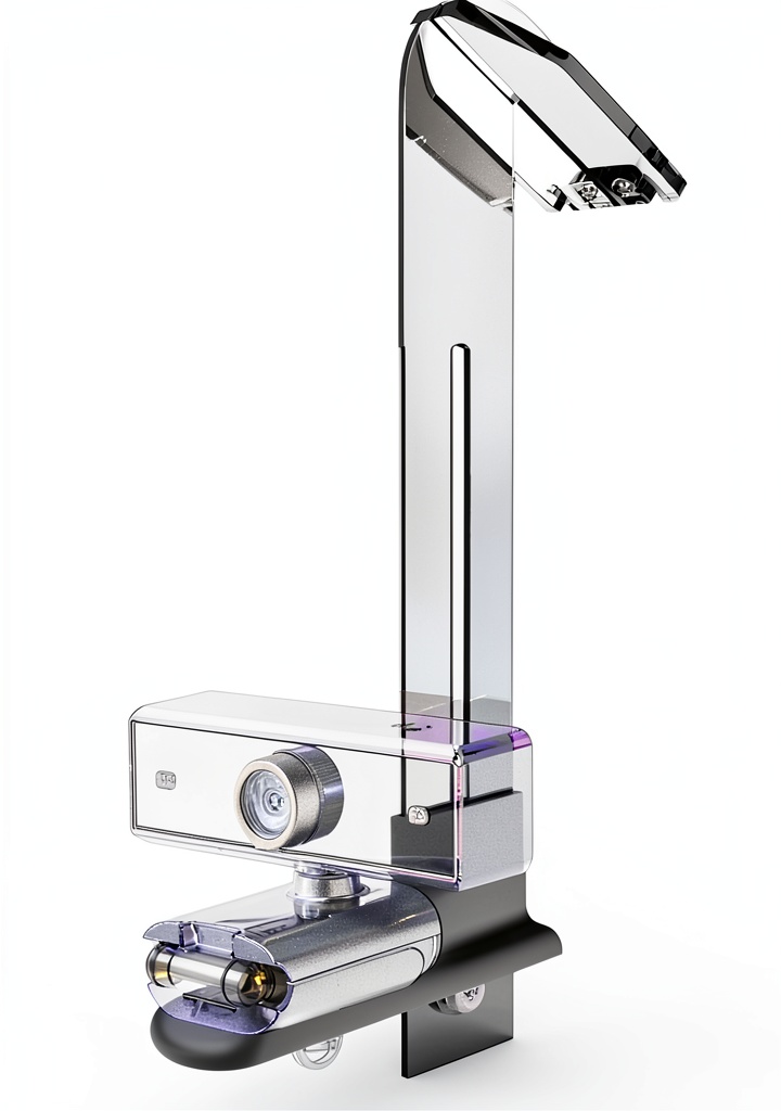 Transparent acrylic webcam stand on a modern desk