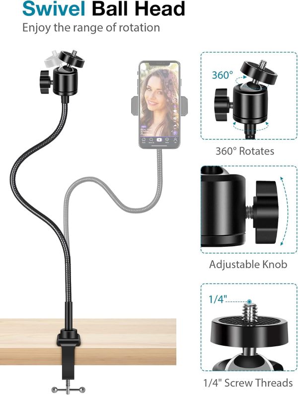 InnoGear Webcam Stand with Phone Mount, Desk Camera Arm Stands Gooseneck for Logitech Webcam BRIO 4K C960 C920 C920S C922 C922x C925e C930 C930e C615 NexiGo N60, Right Light, Gopro with 1/4" Thread-4