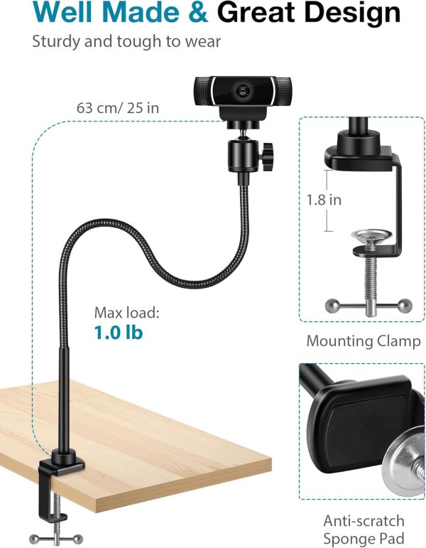 InnoGear Webcam Stand with Phone Mount, Desk Camera Arm Stands Gooseneck for Logitech Webcam BRIO 4K C960 C920 C920S C922 C922x C925e C930 C930e C615 NexiGo N60, Right Light, Gopro with 1/4" Thread-2